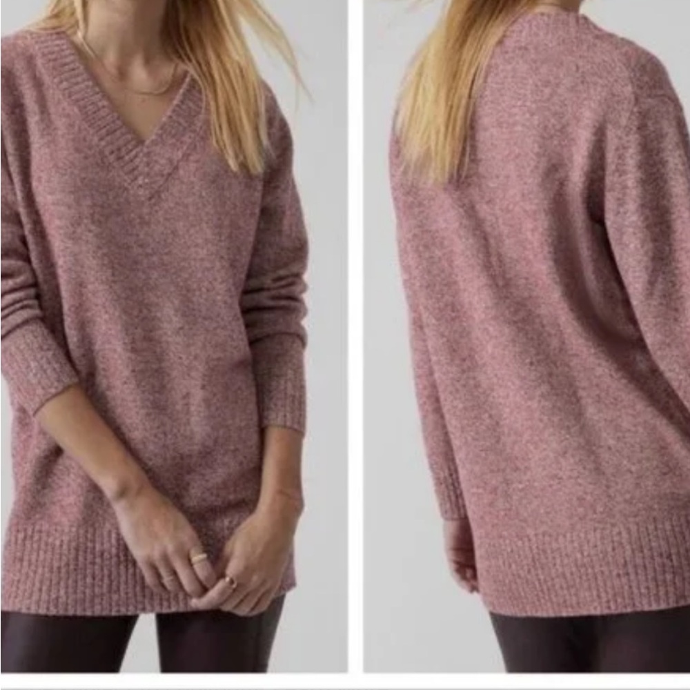 Athleta Vital Cashmere Wool Blend Tweed Mulberry Pink V Neck Pullover Size:Xs